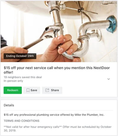 Technician tightens a pipe under a sink; get $15 off plumbing service—mention Nextdoor offer. Expires October 30, 2019.