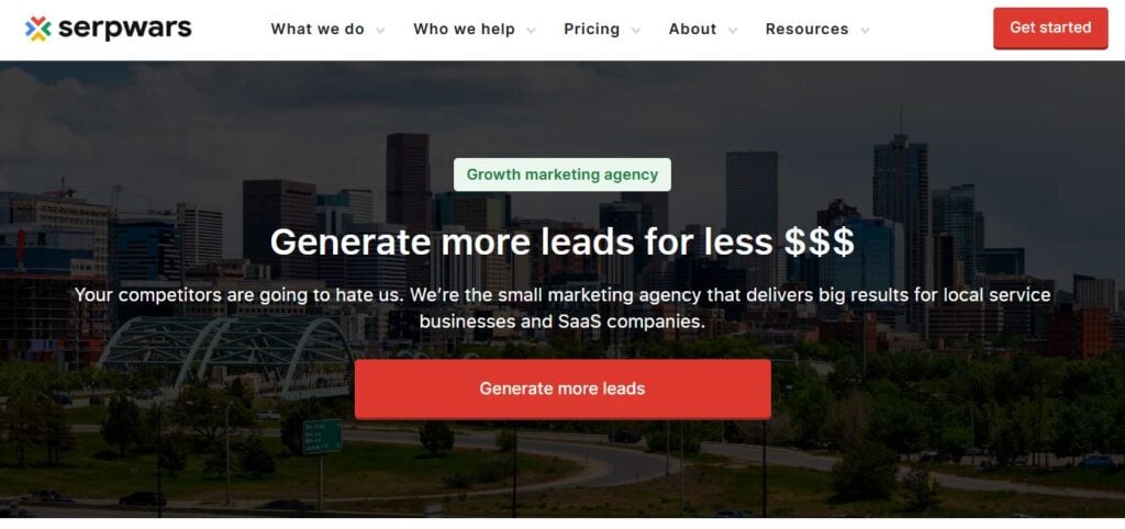 Hook Agency’s "serpwars" header: city skyline, nav menu, green “Growth marketing agency,” bold lead gen claim, red CTA button.