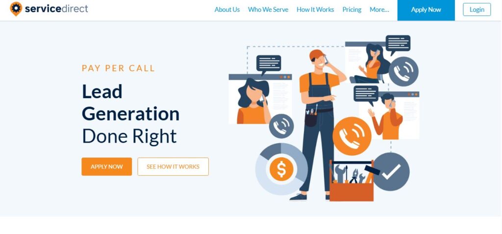 ServiceDirect lead gen page on Hook Agency: illustrations, phones, charts, “Pay Per Call Lead Generation Done Right.” Apply Now.