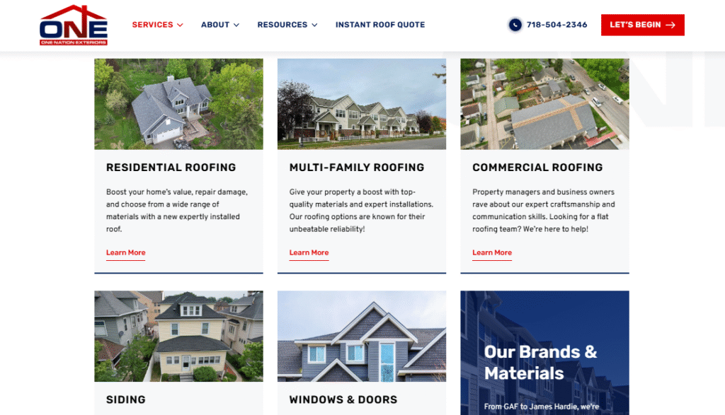 Screenshot from Hook Agency's site: 2026 roofing contractor web design with clear service categories, images, and brief descriptions.