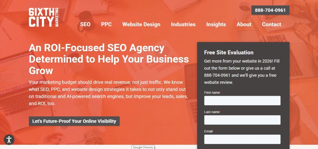 Screenshot of Hook Agency homepage: orange background, clear menu, bold ROI-driven SEO headline, and right-side free evaluation form.