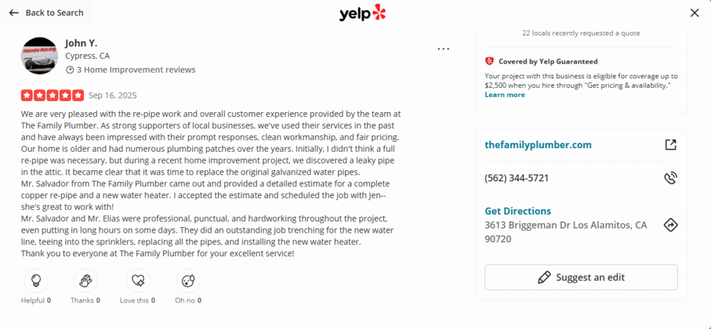 Screenshot of a Yelp review praising The Family Plumber's professionalism in Cypress, CA—highlighting them as a top contractor choice.