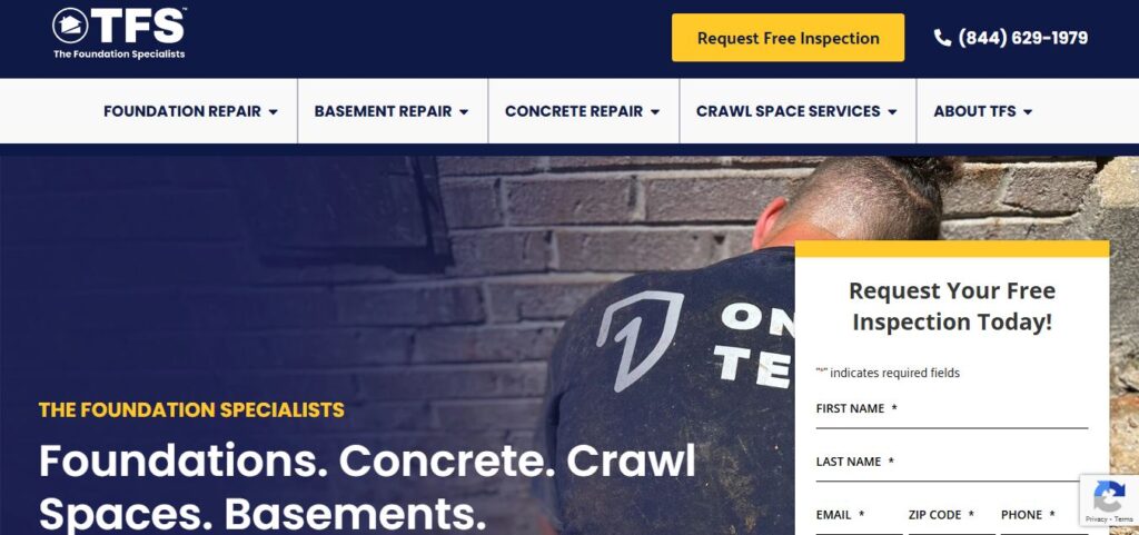 TFS homepage on Hook Agency’s site with free inspection form, service menu, contact number, and expert worker in background.