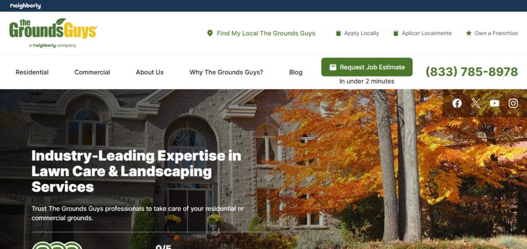 Screenshot of The Grounds Guys homepage with navigation, contact info, estimate button, and banner highlighting top hardscaping services.