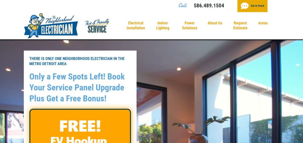 Screenshot of Hook Agency’s electrician client site promoting a free EV hookup with panel upgrade. Blue and yellow theme, clear CTA.