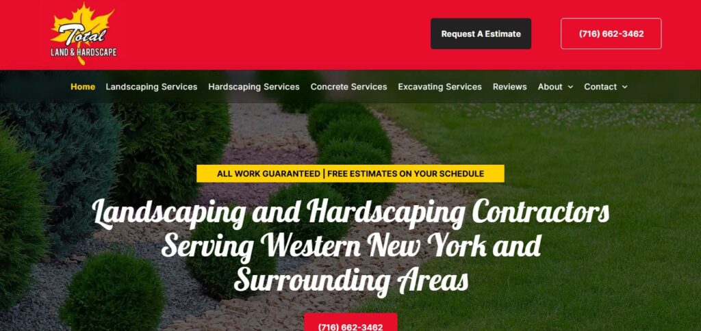 Hook Agency landscaping site screenshot with logo, contact info, nav, estimate buttons, bold service claim, and shrubs below.