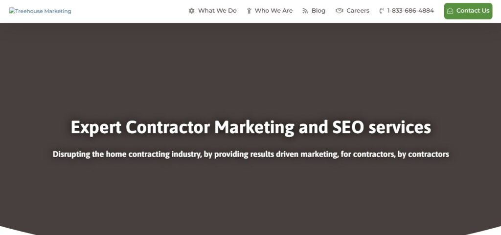 Hook Agency header: Navigation, phone, green "Contact Us." Headline: Contractor SEO experts. Subtext: Foundation repair lead generation.