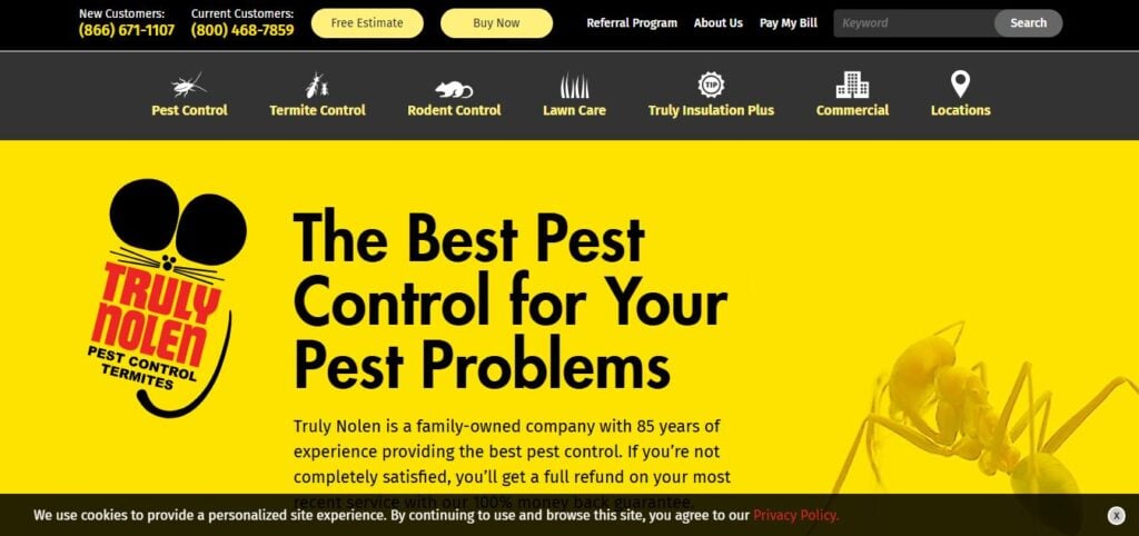Truly Nolen Pest Control homepage on Hook Agency’s site: yellow background, mouse logo, bold text, pest icons, ant photo right.