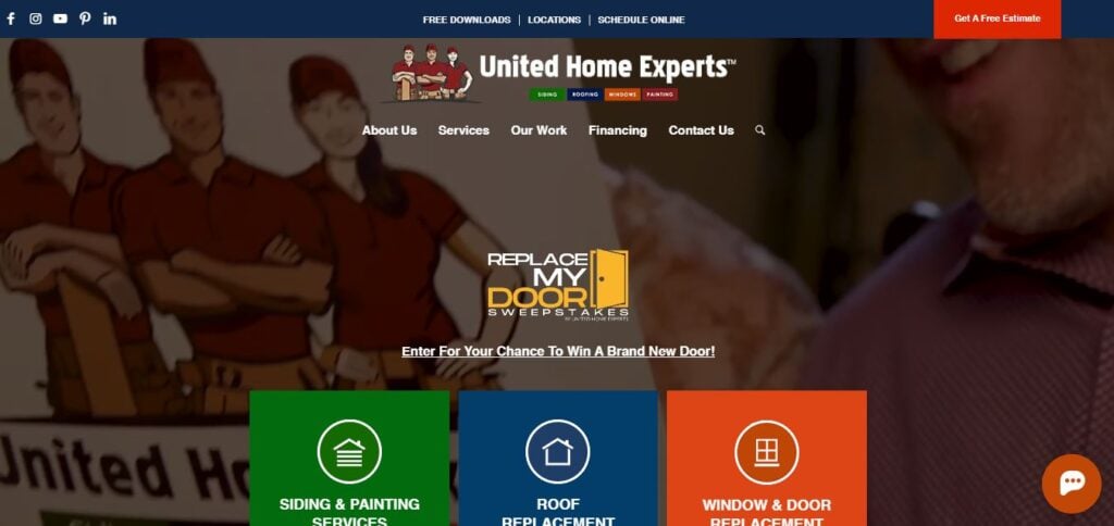 United Home Experts homepage: team illustration, menu, sweepstakes banner, service icons—showcasing trusted exterior solutions.