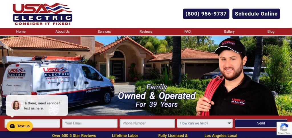 Smiling electrician in uniform before house and USA Electric van. “Family Owned & Operated 39 Years.” Menu, phone top of page.