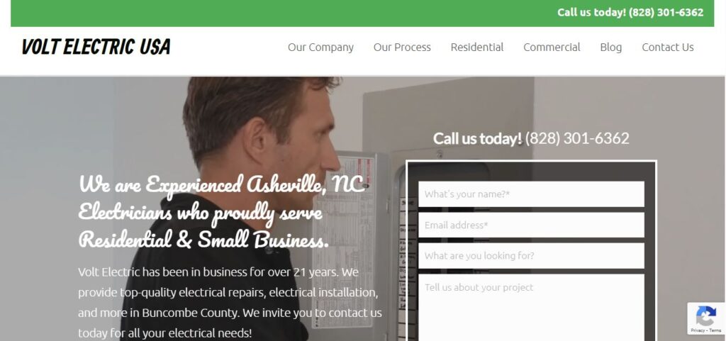Volt Electric USA website highlights a pro electrician at work, service details, and clear contact options on Hook Agency's site.