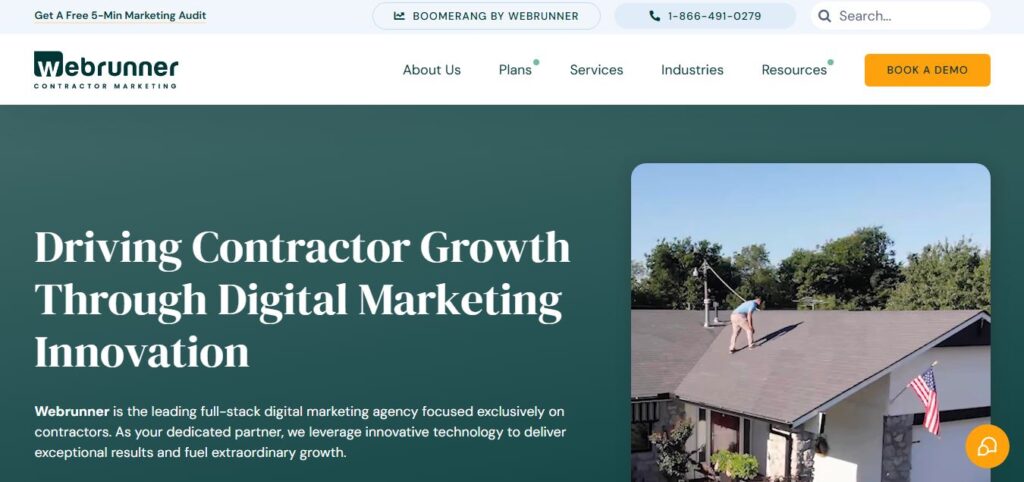 Screenshot of Webrunner homepage promoting contractor growth via digital marketing for 2026, with menu highlighting roofing website builder.