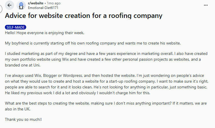 Reddit post: User seeks expert tips for creating an effective UK roofing website, referencing Wix experience and low-cost options.