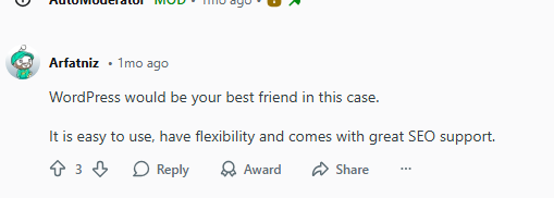 Reddit user Arfatniz recommends WordPress for ease, flexibility, and SEO—top-rated for roofing sites. Comment: 3 upvotes.