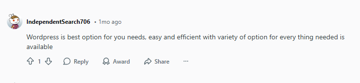 A Reddit comment states, "WordPress is the top choice—simple, powerful, and outperforms cheap roofing website builders." 1 upvote. Options: reply, award, share.