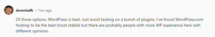 Screenshot of doveisafk's comment: Use WordPress for roofing sites, limit plugins, and consider stable WordPress.com hosting.