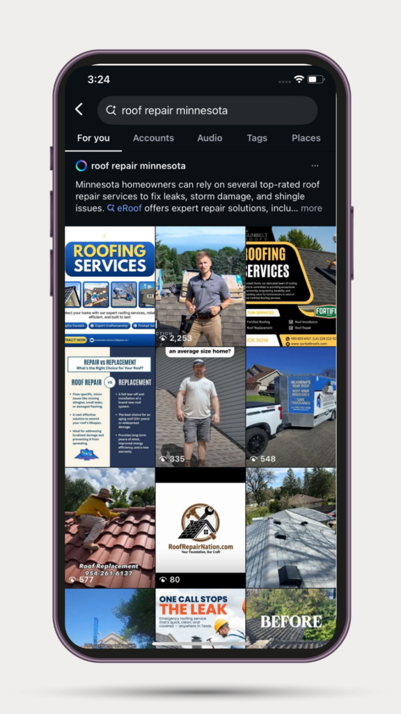 A smartphone shows an Instagram search for "roof repair minnesota," demonstrating local SEO tactics with ads, profiles, and results.