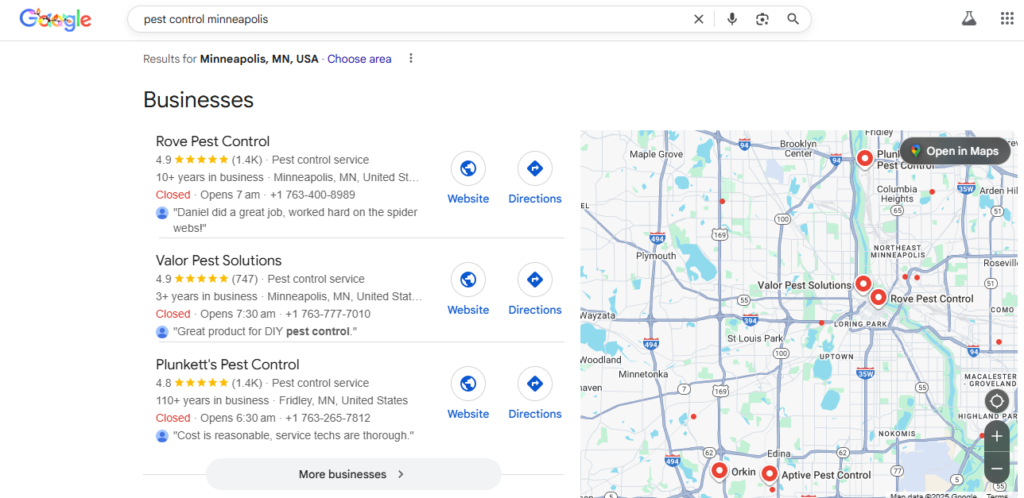 Google search for āpest control minneapolisā displaying top three businesses and a mapped overview of local pest control providers.