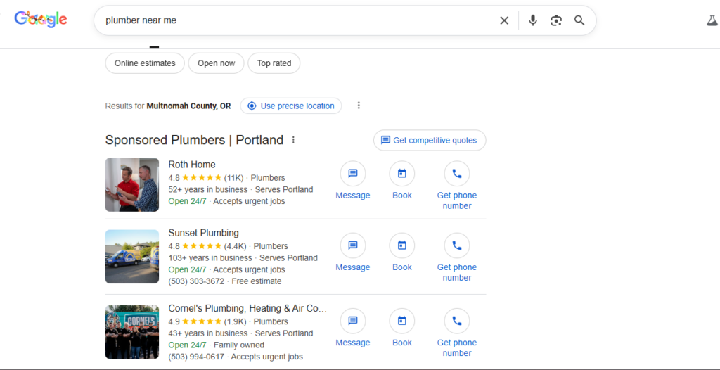 Google Search for "Plumber Near Me" in Portland shows top local plumbers with ratings, experience, hours, and direct booking options.