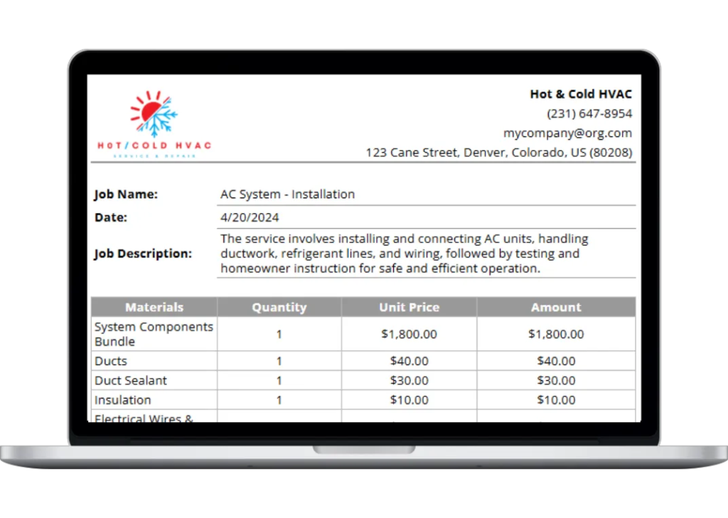 Laptop shows Hook Agency’s HVAC invoice: company info, job details, material table—tracks ducts, sealant, wires for easy upsells.