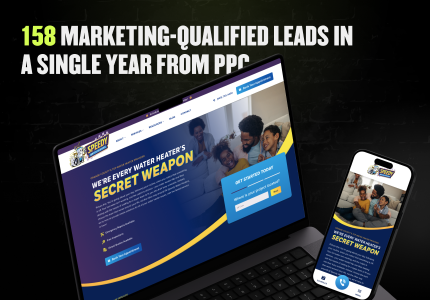 Laptop and smartphone show a plumbing site. Above: "158 marketing-qualified leads in one year from PPC" in bold white/green.