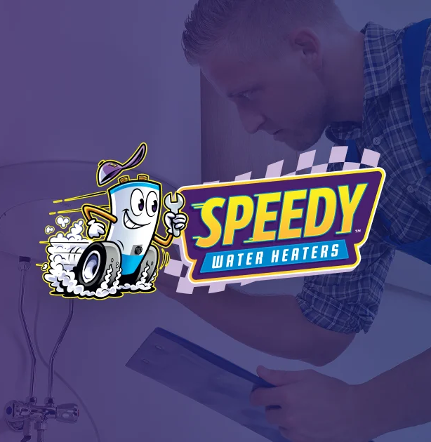 A technician inspects plumbing with a clipboard, next to a cartoon water heater holding a wrench and mounted on wheels. The bold yellow and blue “Speedy Water Heaters” logo reinforces their trusted water heater repair expertise, featured prominently for Hook Agency.