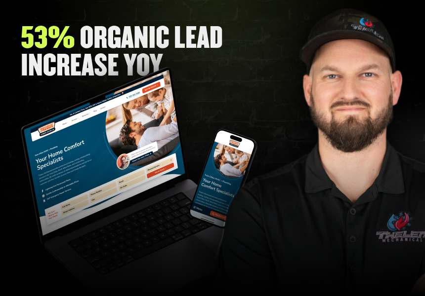 A man stands by devices displaying Lorenz Plumbing’s site. Overlay: "53% Organic Lead Increase YoY." Showcasing Hook Agency results.