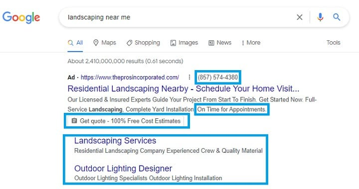 Google search results for "landscaping near me" with a top Google Ad highlighting cost-effective leads and service features.