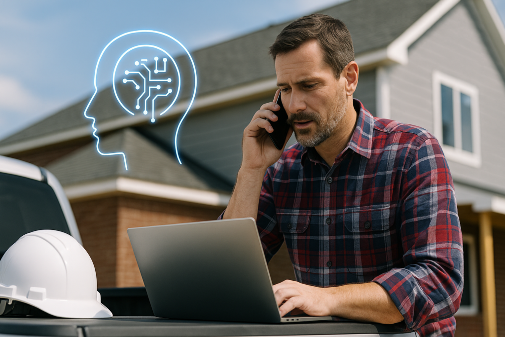 A roofing professional uses a laptop and phone by a house; AI in sales is suggested by a hard hat and digital brain graphic.