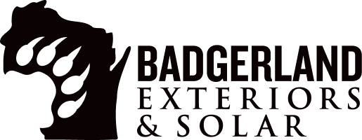 Badgerland Exteriors & Solar logo with Wisconsin silhouette, badger paw print, and bold company name—showcasing roofing expertise.