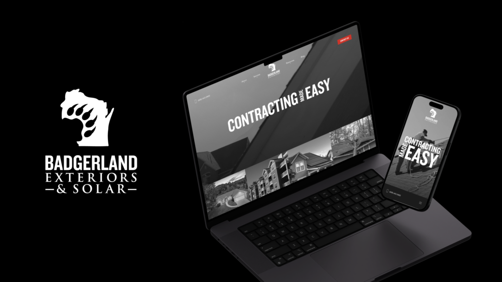 Laptop and smartphone show Badgerland Exteriors & Solar site, "CONTRACTING MADE EASY," with Wisconsin logo on black.