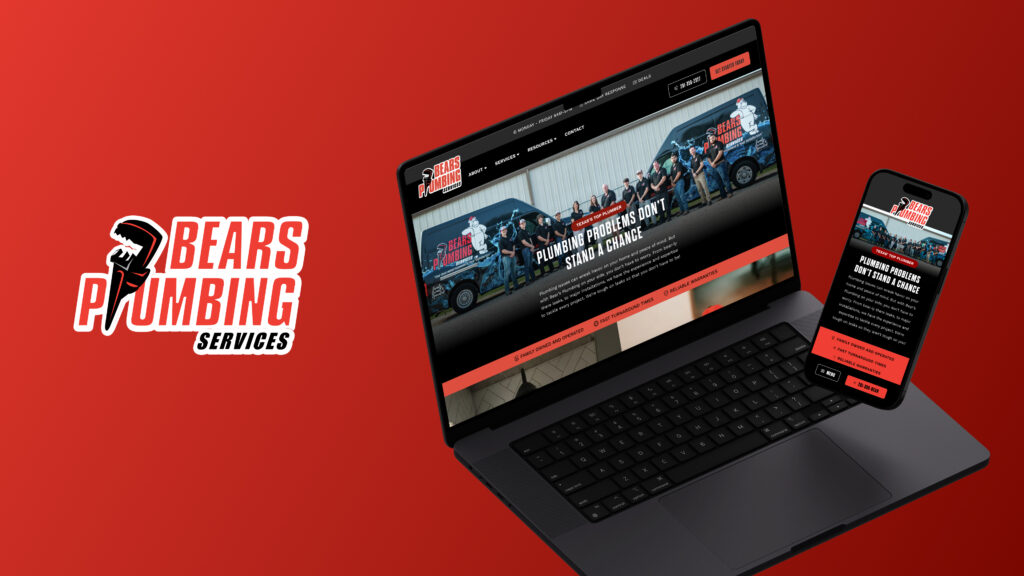 Laptop and smartphone show Bears Plumbing website with team, vehicles, and logo on red—showcasing strong brand identity.
