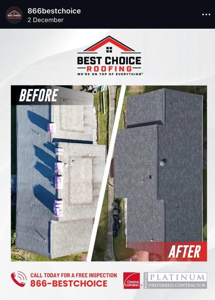Aerial before-and-after of a home's roof: left, old and worn; right, expertly replaced. Best Choice Roofing logo above.