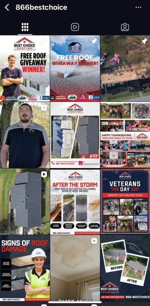 Instagram for roofing contractors: giveaways, repairs, team shots, tributes, tips—driving local awareness with SEO-focused graphics.