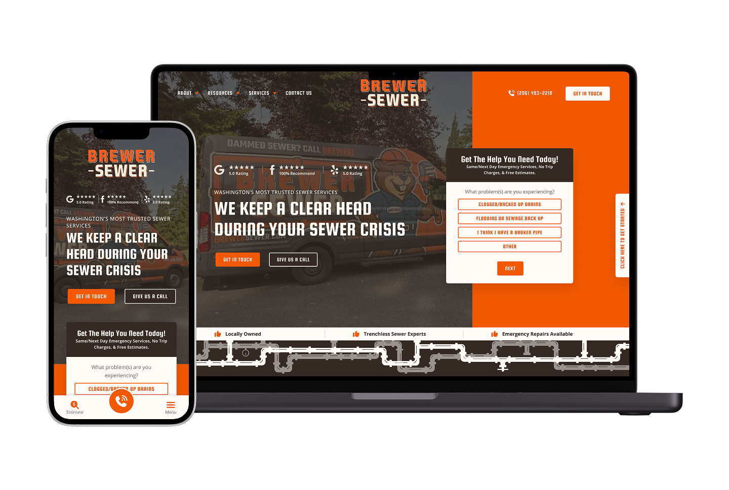 Brewer Sewer site on laptop and smartphone: bold orange/black colors, service info, sewer truck image, online form in clean layout.