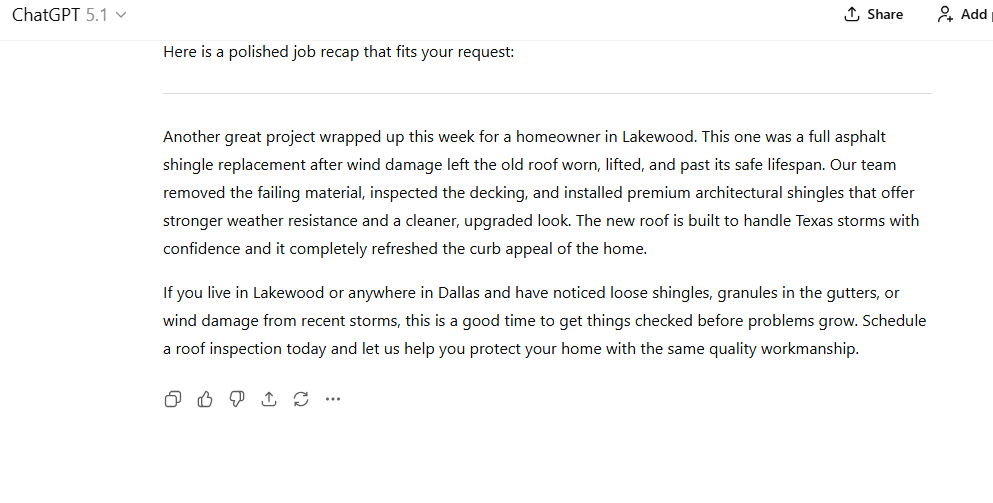 Screenshot of a summary on Hook Agency’s site about a Lakewood asphalt shingle roof replacement, urging Dallas homeowners to book inspections.