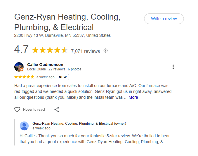 Genz-Ryan’s Google profile boasts a 4.7-star rating from 7,071 reviews and features a standout 5-star review and response.