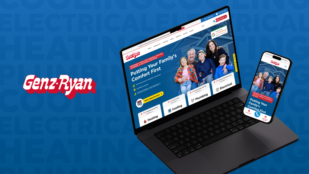 Laptop and smartphone show Genz-Ryan’s homepage with service options; logo on left, blue background, example of client results.