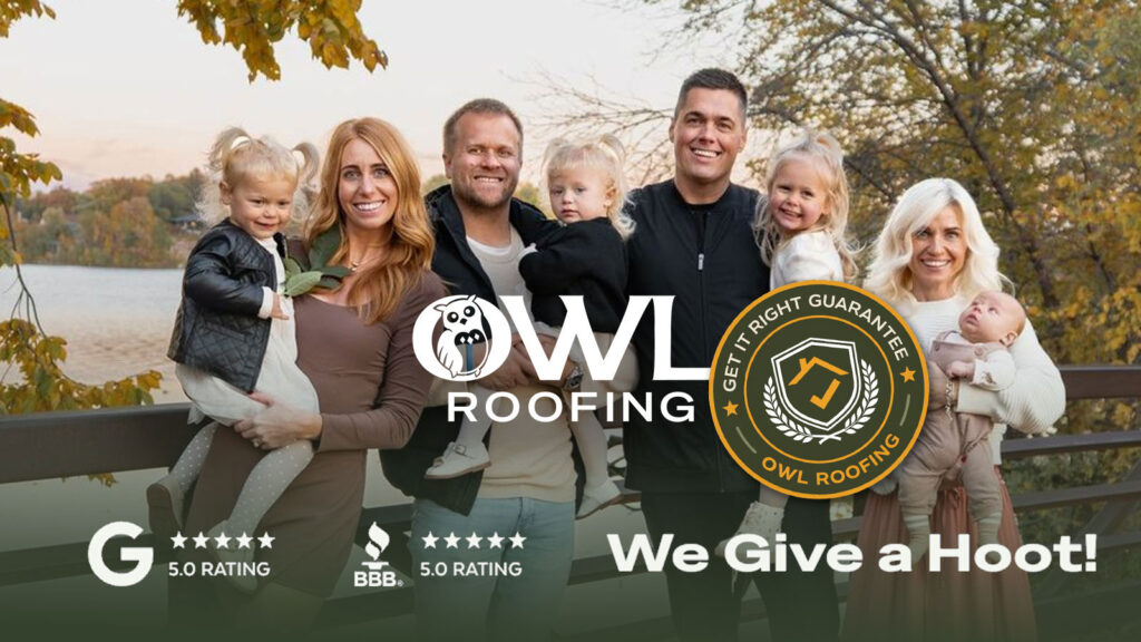 Smiling family outdoors by a lake with autumn trees, Owl Roofing logo, 5-star ratings, slogan, and guarantee seal displayed. Owl Roofing: The Number one roofing business in the united states by customer satisfaction, growth and marketing success.