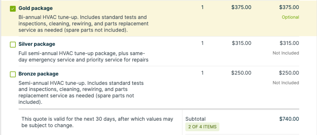 Comparison table of HVAC Gold, Silver, and Bronze packages. Gold selected with upsells. Subtotal: $740 for 2/4 items.