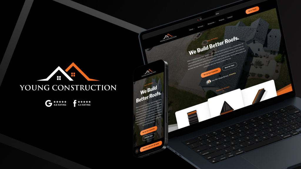 On Hook Agency’s website, a laptop and smartphone showcase the Young Construction roofing site. The devices display the Young Construction logo, Google ratings, and the “We Build Better Roofs” tagline on a black background with orange and white accents.
