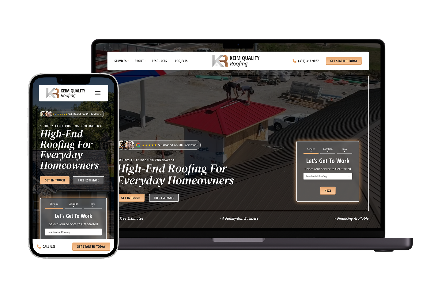 A smartphone and laptop show Keim Quality Roofing’s homepage on Hook Agency, highlighting services, navigation, and contact options.
