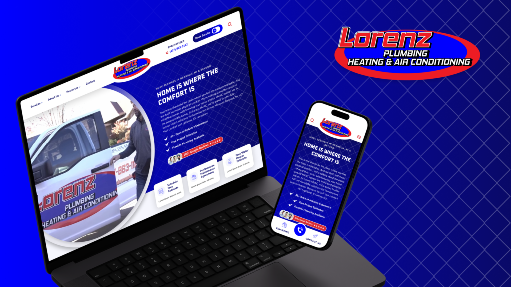Laptop and smartphone show Lorenz Plumbing Heating and Air site with logo, tagline, and blue grid background on Hook Agency site.