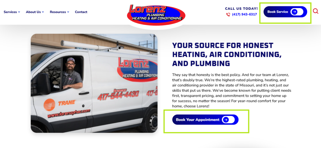 Screenshot of Lorenz Plumbing site on Hook Agency’s website; technician by branded van, blue CTAs drive bookings and leads.