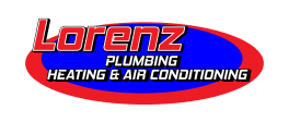 Lorenz Plumbing, Heating & Air Conditioning logo: bold red "Lorenz" with white outline above service text on blue and red oval.