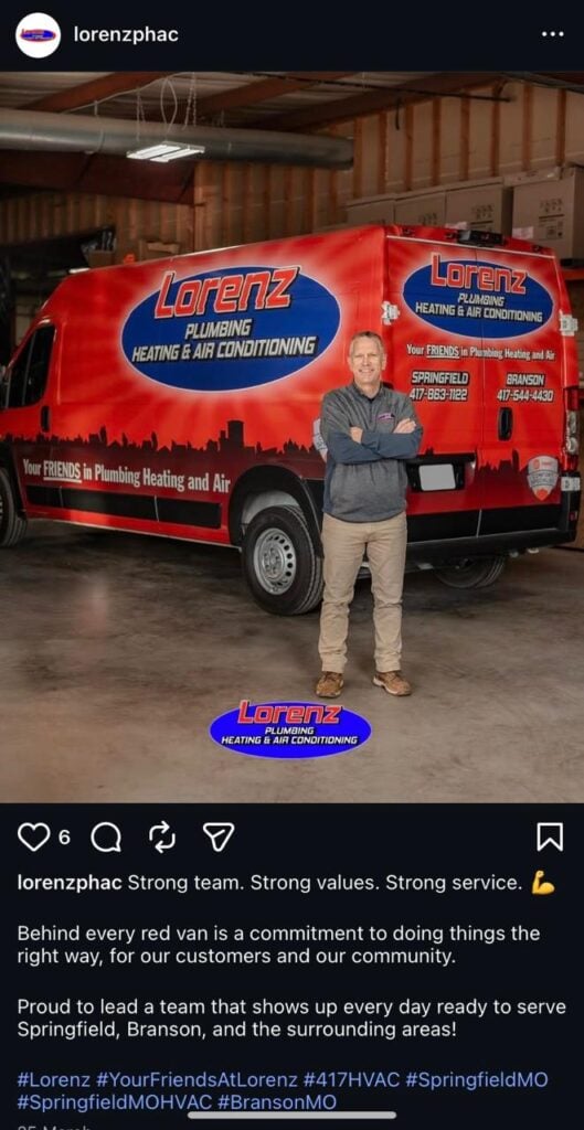 A man in gray and khaki stands with arms folded before a branded Lorenz Plumbing van, highlighting company identity and contact info.