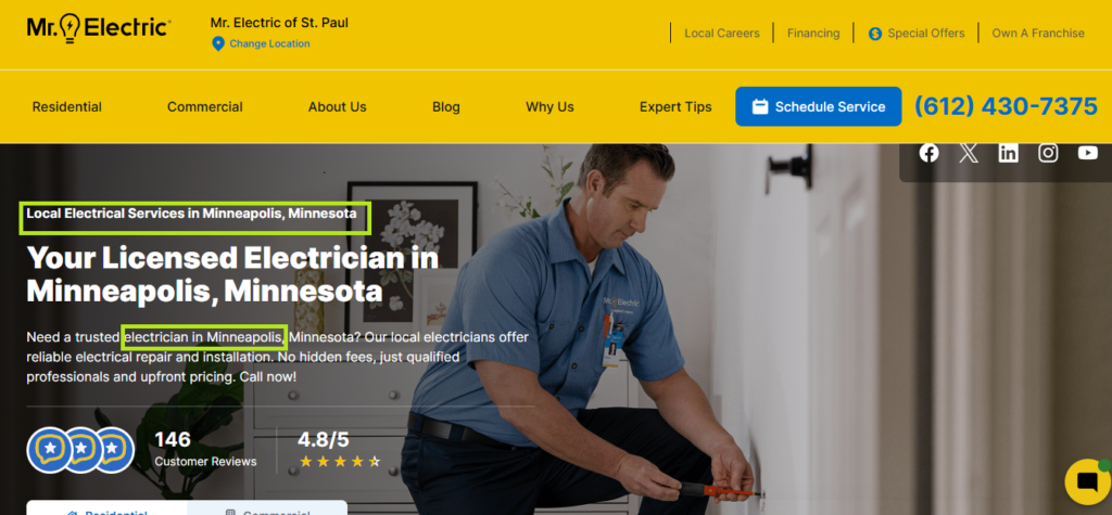 Electrician in blue uniform wiring a modern home. Overlay: “Your Licensed Electrician in Minneapolis, Minnesota.” Hook Agency header and contact details highlight Local SEO for contractors.