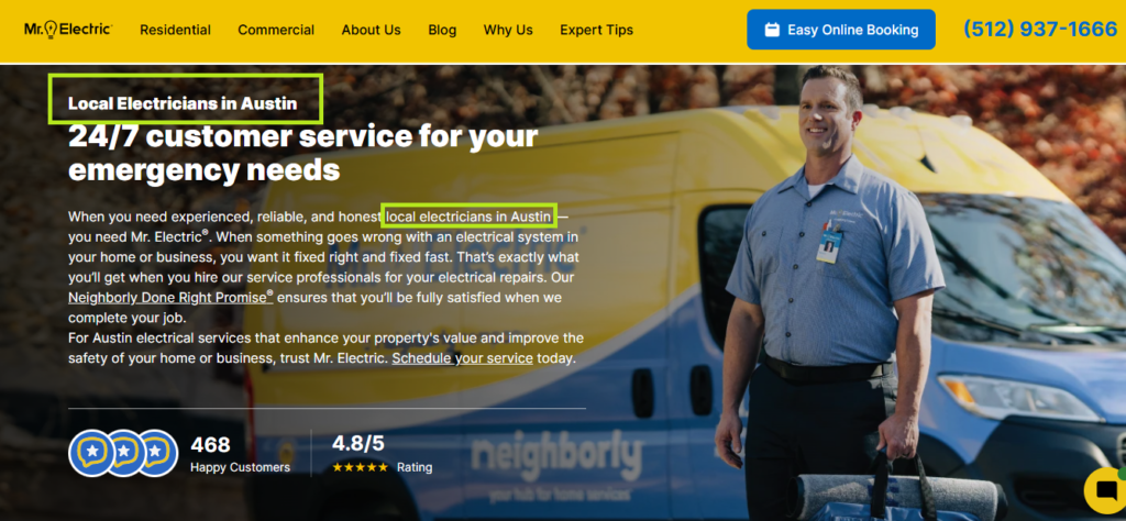 Uniformed professional by yellow and blue "Neighborly" van; Hook Agency site highlights Austin electricians, 24/7 help, contact, ratings.