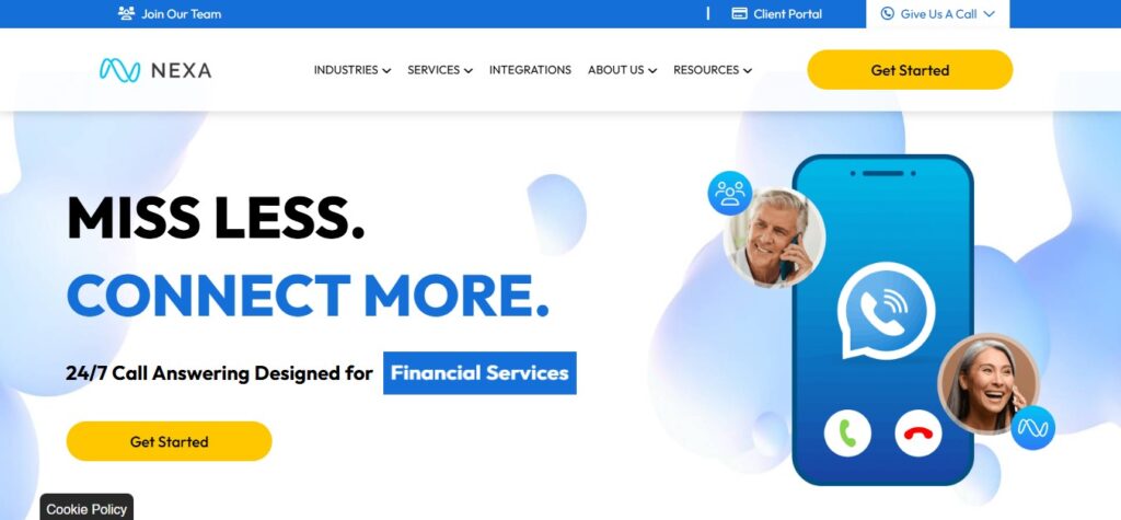Nexa homepage on Hook Agency: large phone graphic, calling icons, “Miss Less. Connect More.” CTA buttons, two people in circles.