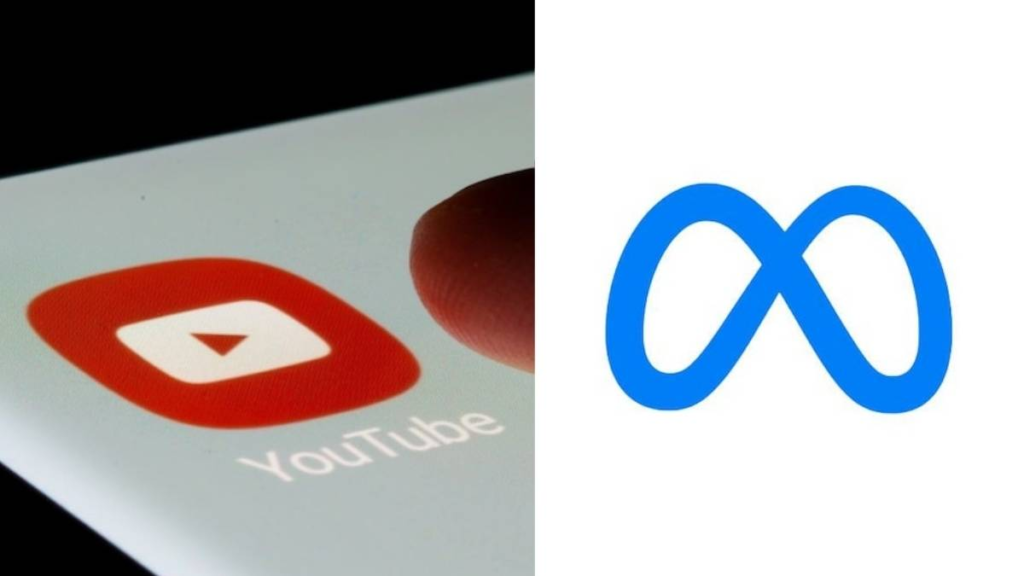 A finger taps the YouTube app icon beside the Meta logo, illustrating effective cross-platform digital marketing strategies.